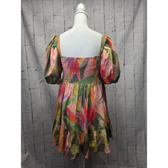 Farm Rio Mini Dress Beaded Garden Puff Sleeves Tiered Sz S Beach Festival Colorf - Picture 5 of 12